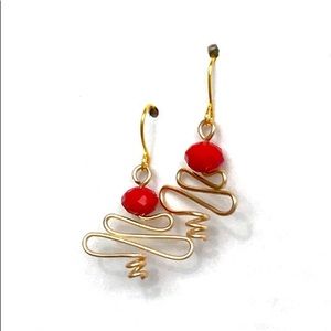 Handmade Holiday Swooping Wire Tree Earrings with Red Accents (gold tone)